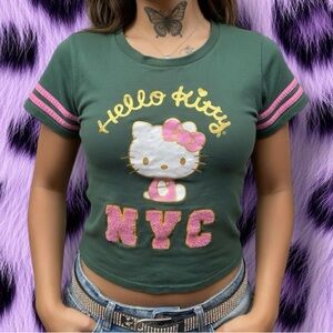 Sanrio Hello Kitty Y2K Dark Green Cropped Baby Tee with Pink Terry Cloth Accents